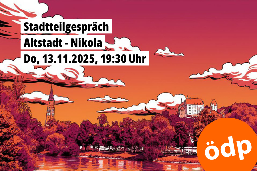 Silhouette mit Martinskirche und Burg und dem Text: Stadtteilgespräch Altstadt/Nikola